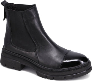 Black leather Chelsea boot with patent leather toe cap and elastic side panels.