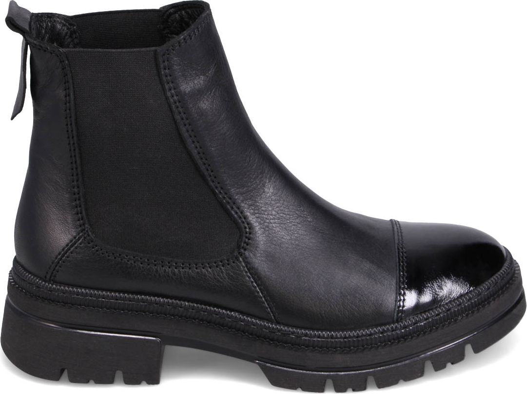 Black leather Chelsea boot with elastic side panels and pull tab.