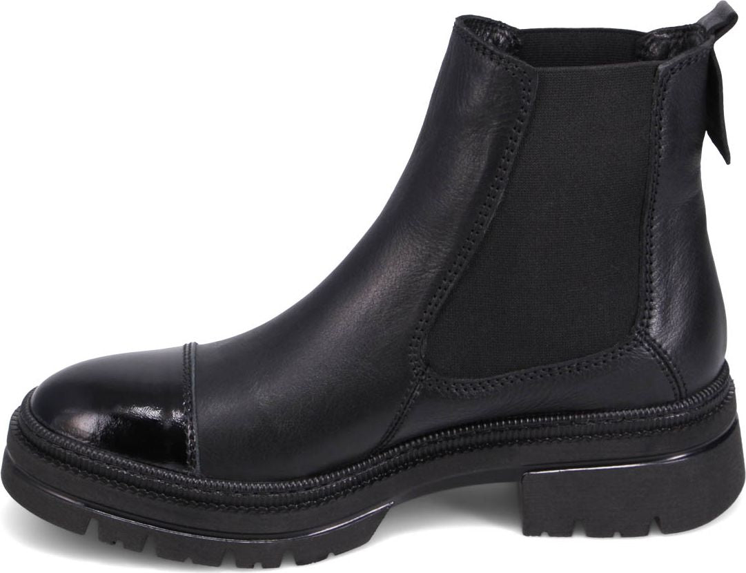 Black leather ankle boot with elastic side panels and lug sole.