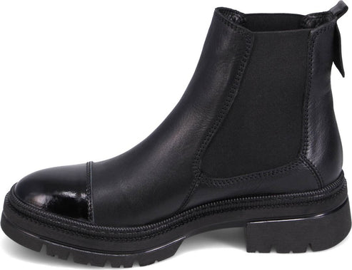 Black leather ankle boot with elastic side panels and lug sole.