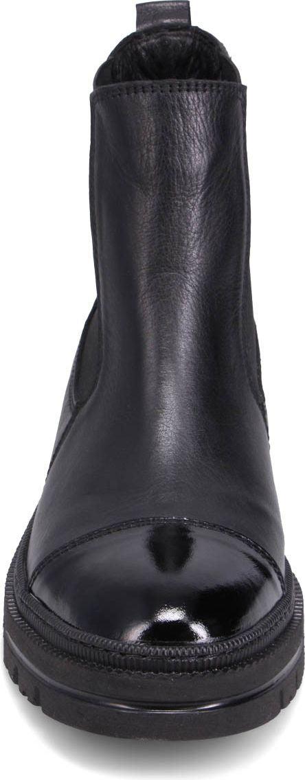 A black leather Chelsea boot with elastic side panels and a lug sole.