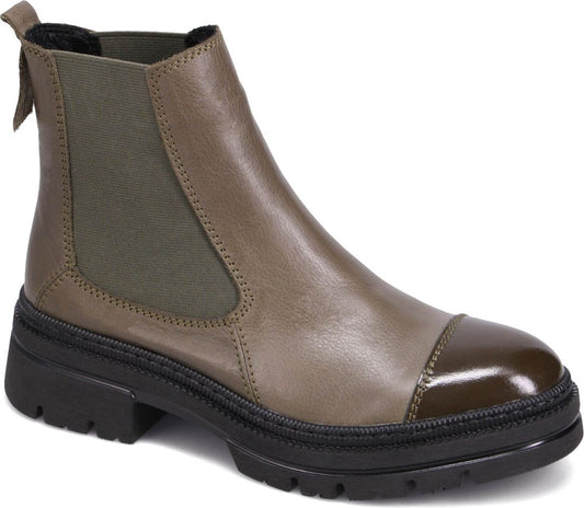 Olive green leather Chelsea boot with a rounded, dark-toe, elastic sides, and a black lug sole.