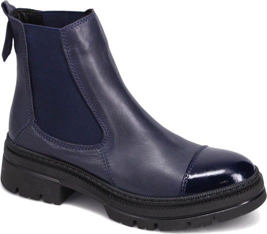 Blue leather Chelsea boot with elastic side panels and a glossy toe cap.