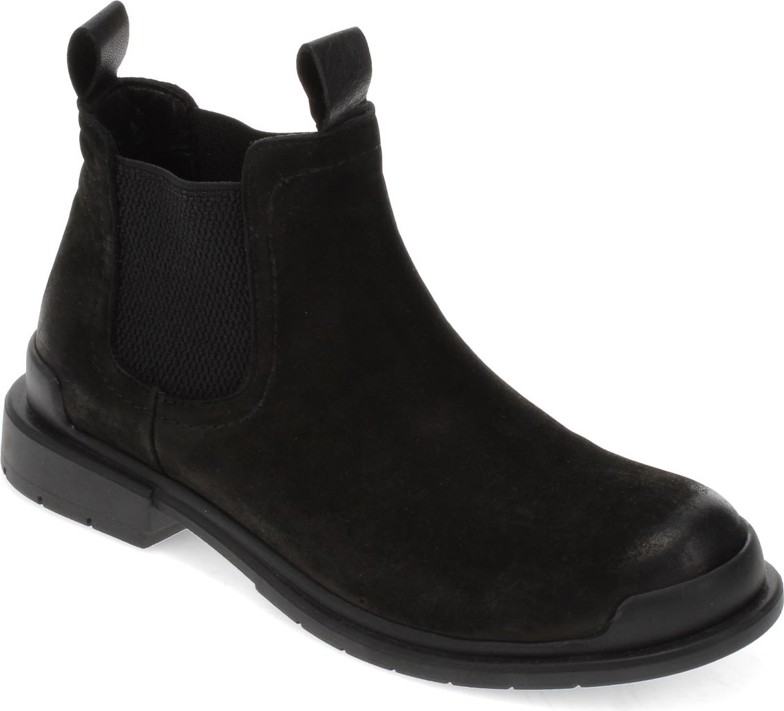 Black suede ankle boot with elastic side panels and pull tabs on the front and back.
