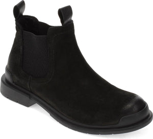 Black suede ankle boot with elastic side panels and pull tabs on the front and back.