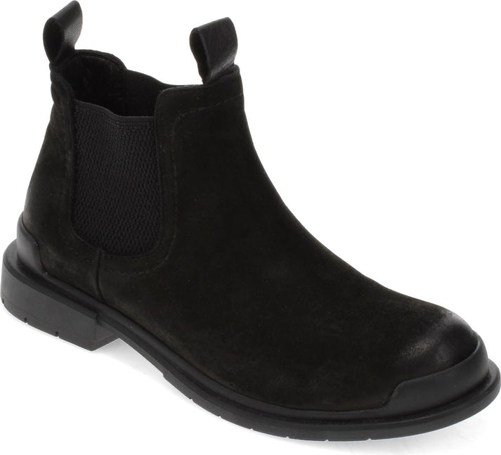 Black suede ankle boot with elastic side panels and pull tabs on the front and back.