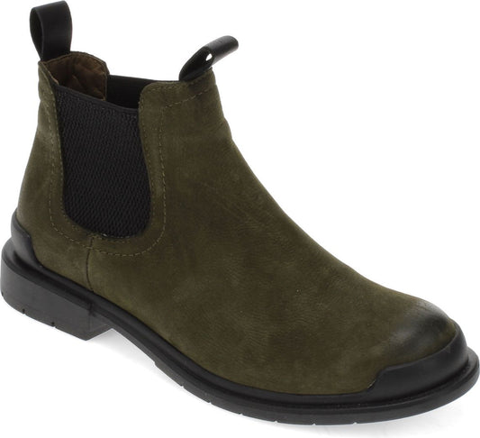 Olive-green suede Chelsea boot with black elastic side panels and a black sole.