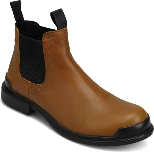 A light-brown, leather Chelsea boot with black accents and a black sole.