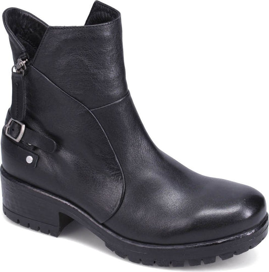 Black leather ankle boot with side buckle and zipper.