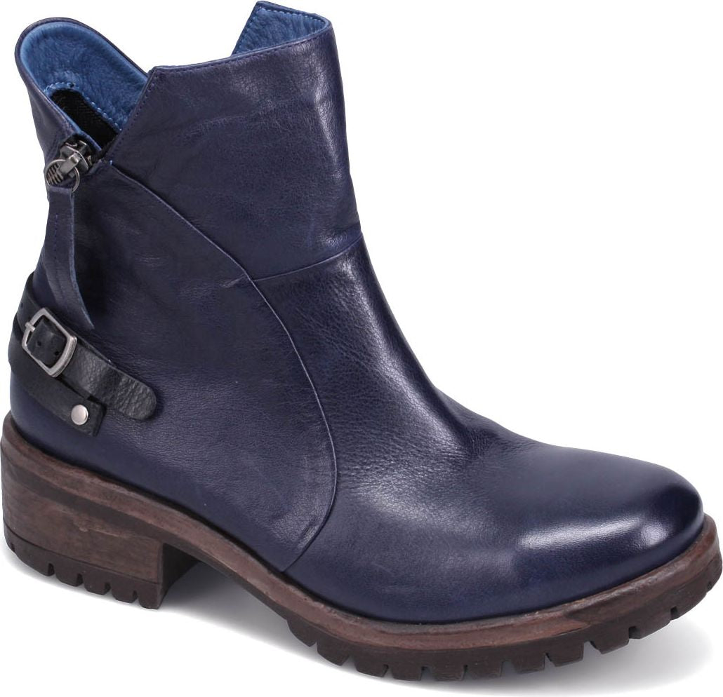 A blue leather ankle boot with a block heel and side zipper.