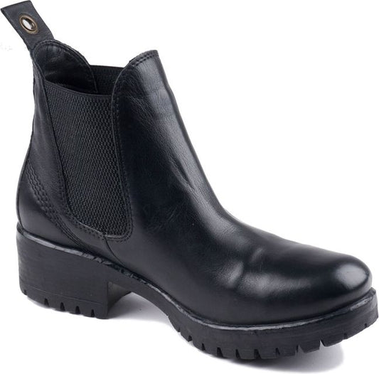 Black leather chelsea boot with elastic sides and low block heel.