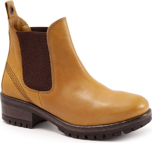 Tan leather ankle boot with brown elastic sides and chunky lug sole.