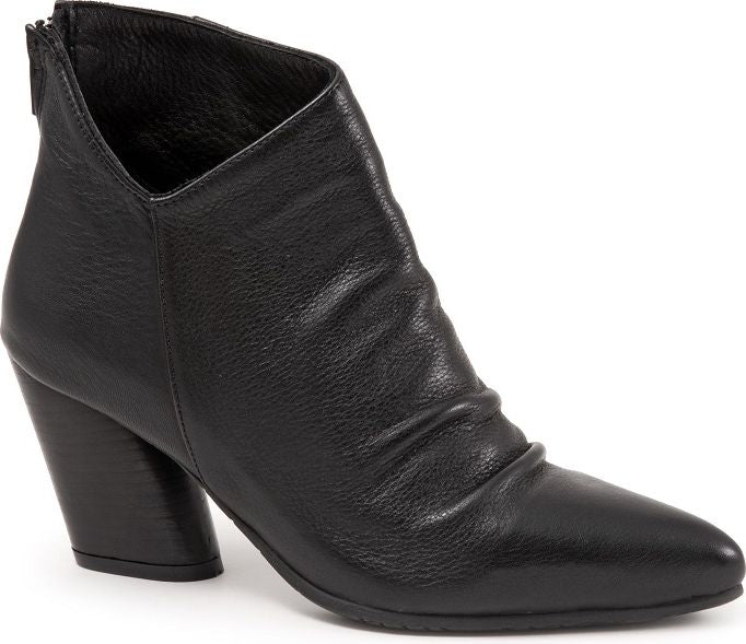 A black, pointed toe, leather ankle boot with a block heel.