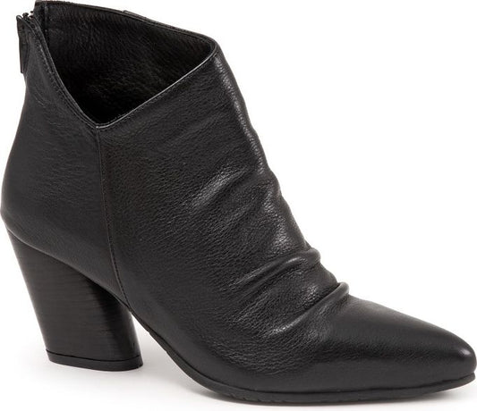 A black, pointed toe, leather ankle boot with a block heel.