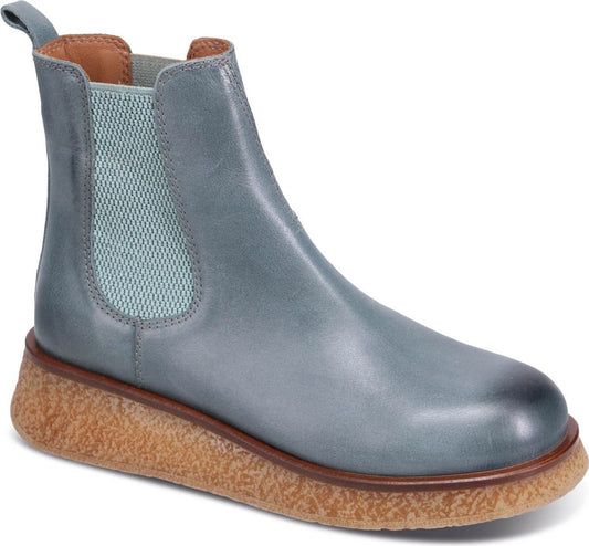 Pale blue Chelsea boot with elastic side panel and lug sole.