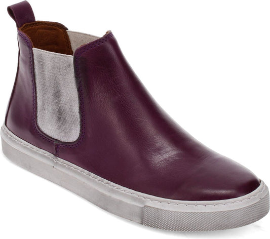 Plum-colored, ankle-high leather boot with silver elastic side gores and a flat, white rubber sole.