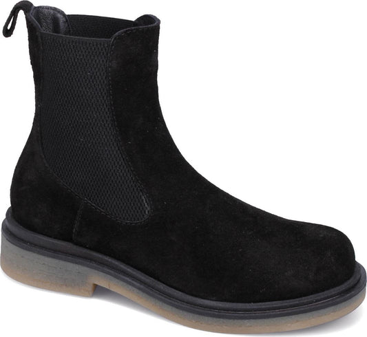 Black suede boot with elastic side panels and loop at the back.