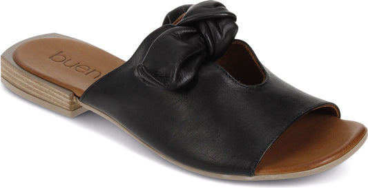 Black leather slide sandal with knotted strap and a flat heel.