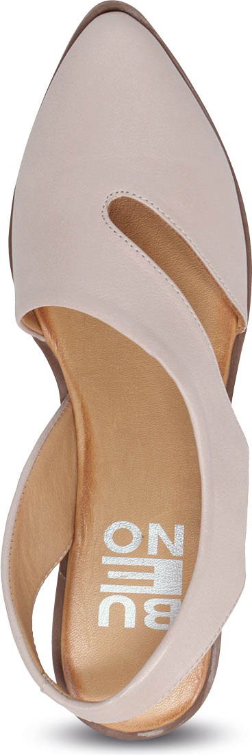 A top-down view of a light-pink women's dress shoe with a pointed toe and BUNO written on the insole.