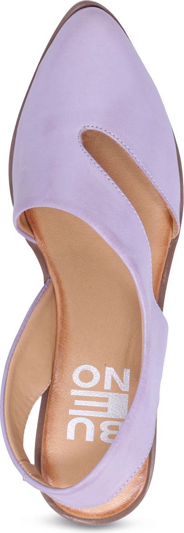 A light purple slingback heel with pointed toe and abstract side cutouts.