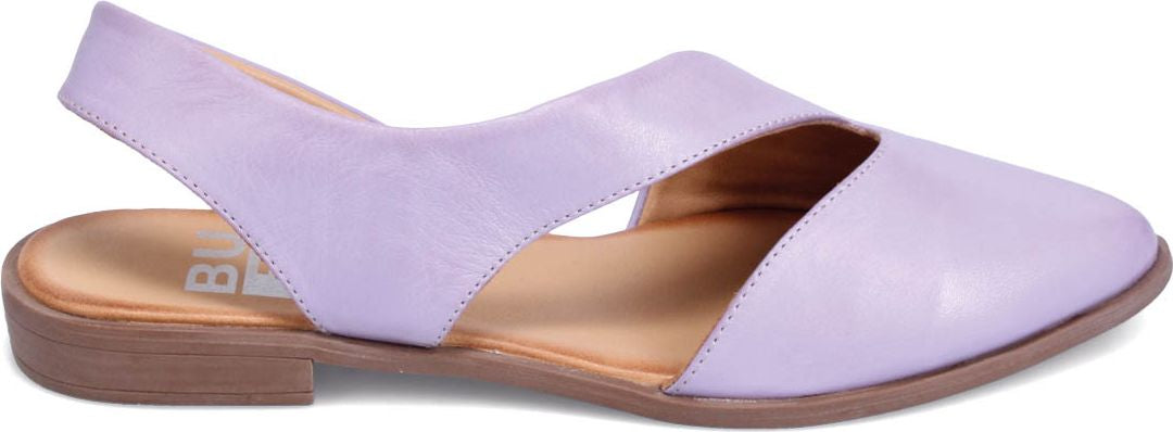 A lavender flat shoe with slingback.