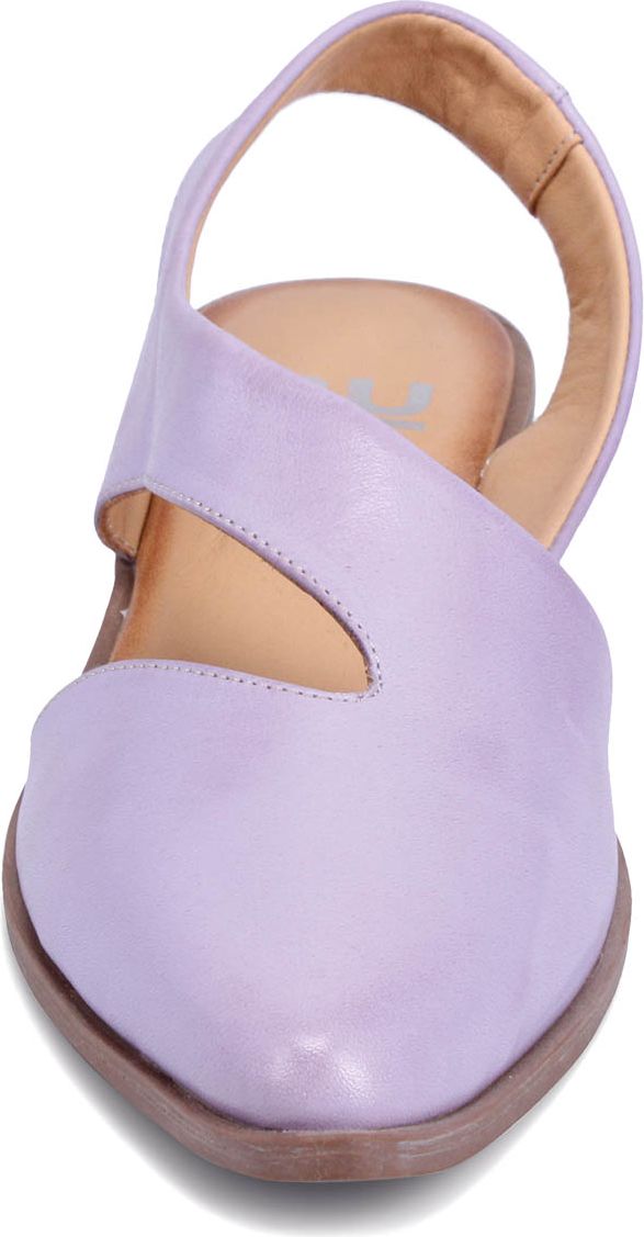 Lavender slingback with asymmetric strap and low heel.