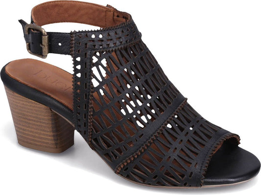 Black leather heeled sandal with peep toe and cutouts. Buckle ankle strap.