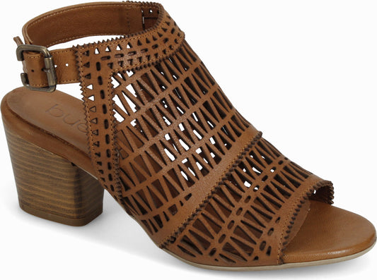 Tan heeled sandal with cutouts and ankle strap.