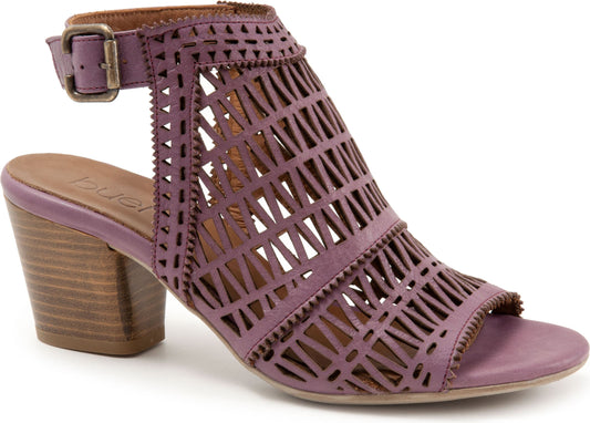 Lavender heeled sandal with an ankle strap and laser cut design on the vamp.