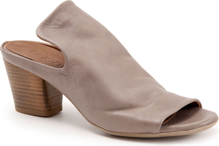 Leather heeled mule with open toe and wooden block heel.