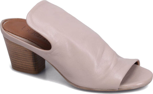 Beige leather open-toe mule with a chunky wooden heel.