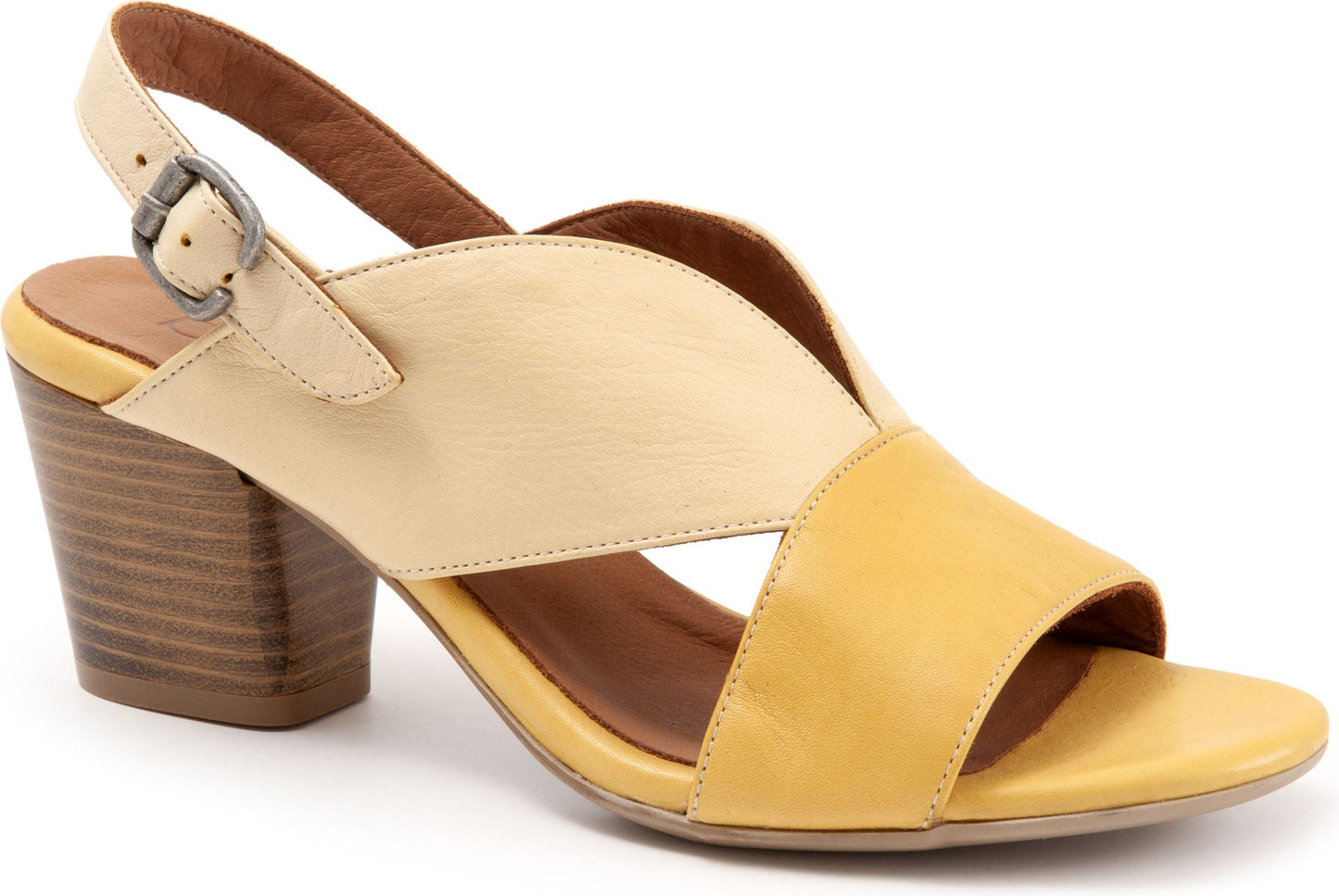 Block heel sandal with cross-over straps in yellow and beige with an adjustable ankle strap.