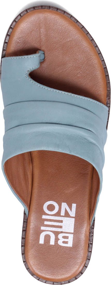 A light blue toe-ring sandal with a flat brown sole, featuring a light blue strap over the foot and the word 'BUONO' printed in white on the insole.