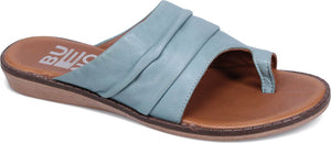 A light blue leather sandal with toe loop and low heel.
