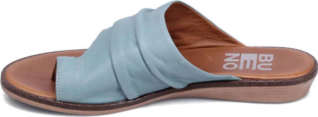 Light blue slip-on sandal with gathered upper.