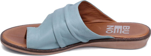 Light blue slip-on sandal with gathered upper.