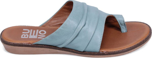 A light blue leather toe thong sandal with a brown sole and the word BUENO on the heel.