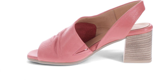 Pink leather slingback sandal with a block heel and peep toe.