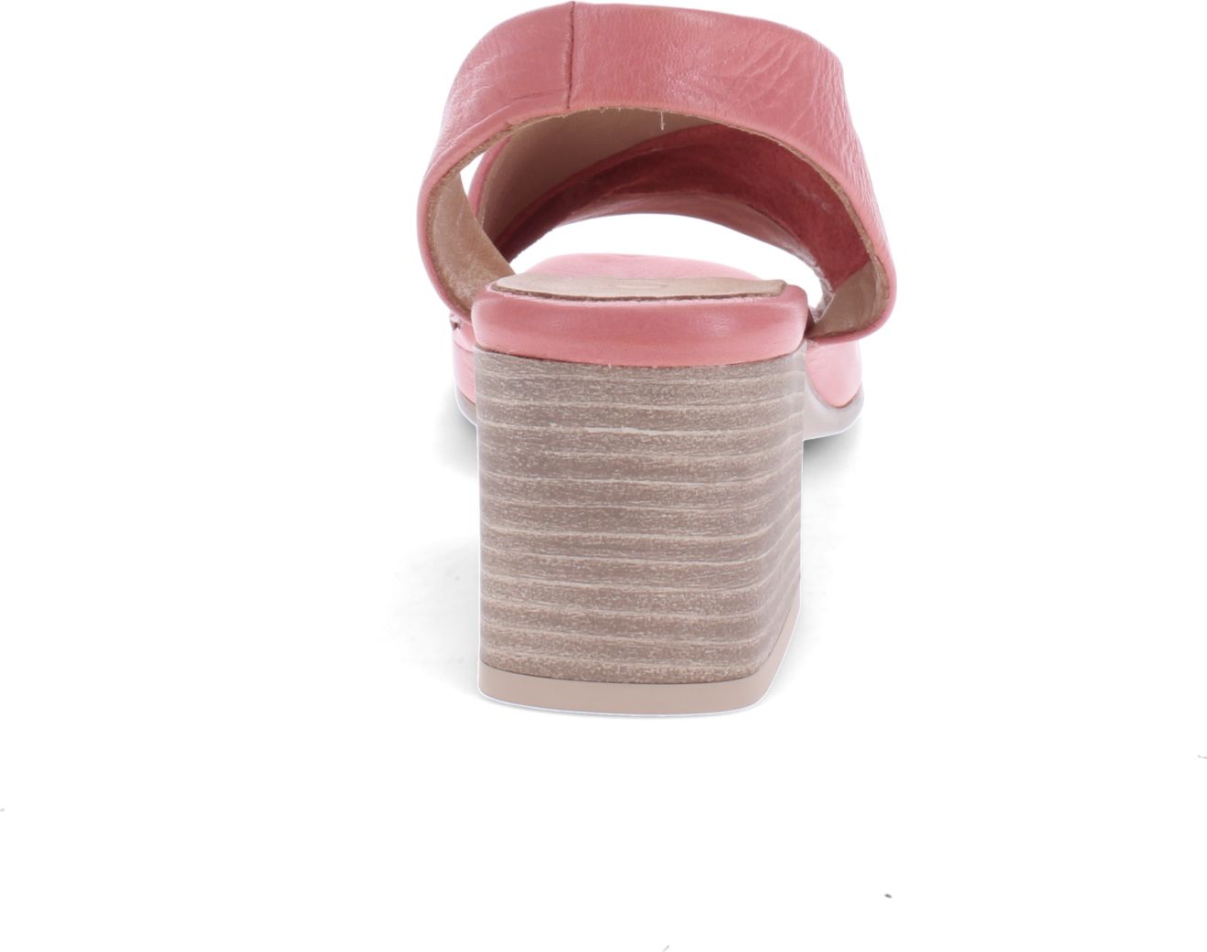 Rear view of a pink sandal with a block heel.