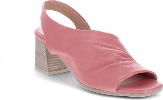 Pink leather peep-toe block heel sandal.