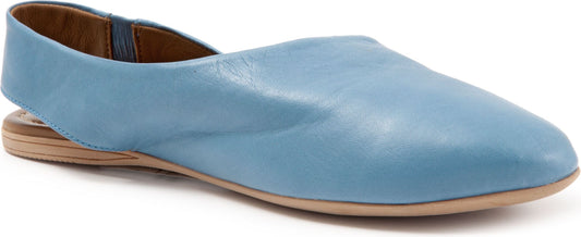 A light blue leather flat shoe.