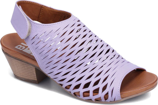 Low-heeled lavender sandal with open diamond weave pattern, slingback strap with velcro closure and brown insole.