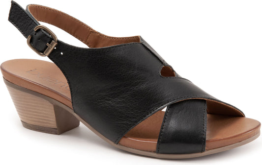 Black heeled sandal with buckled ankle strap and open toe.