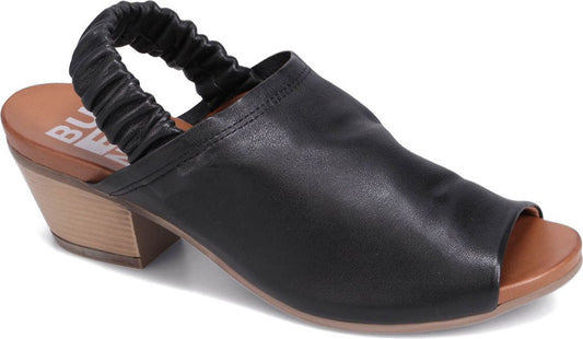 Black leather peep-toe sandal with elastic ankle strap and a block heel.