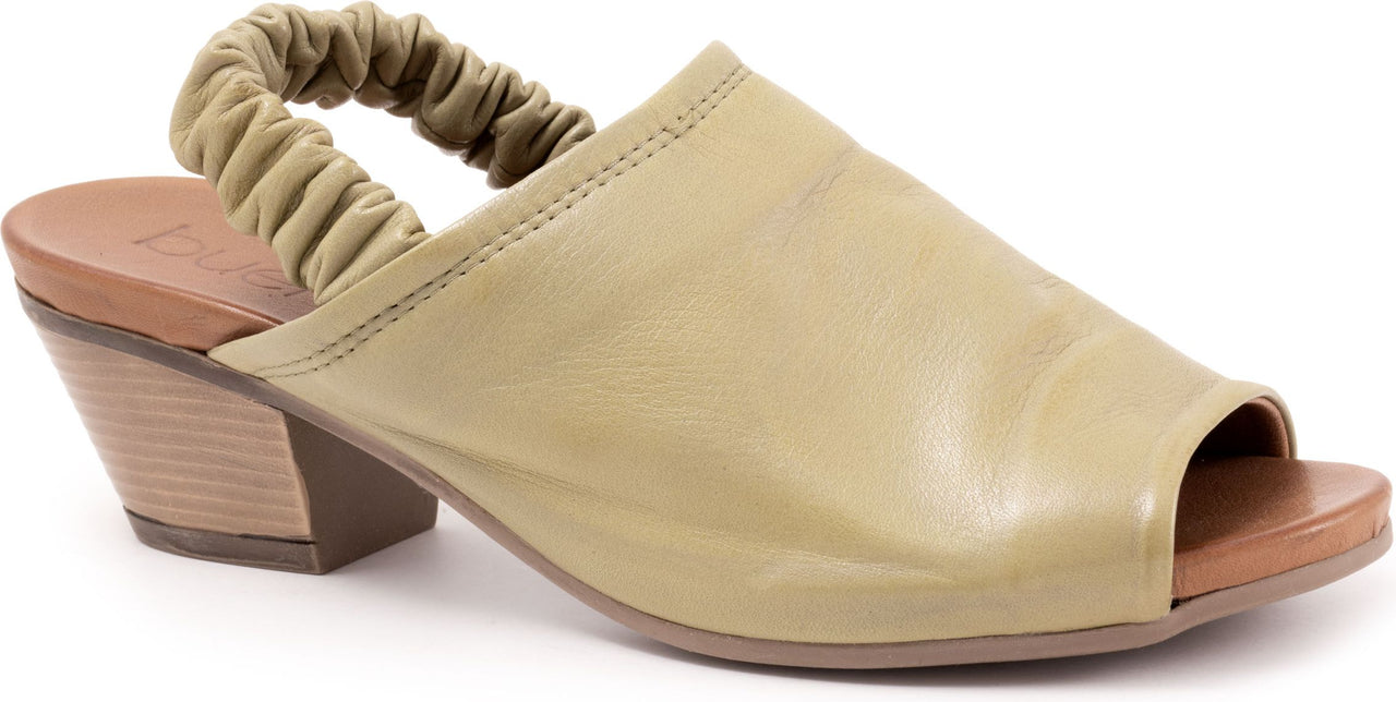 Open-toed, light brown heeled sandal with elastic back strap.