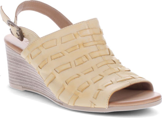 Tan woven leather wedge heel sandal with slingback strap.
