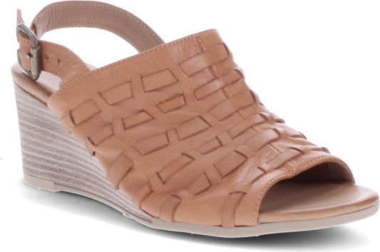 Tan, open-toe wedge sandal with basket weave and adjustable slingback strap.