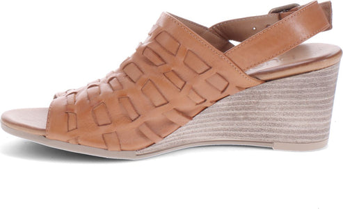 Tan-colored leather wedge sandal with an open toe and woven vamp.