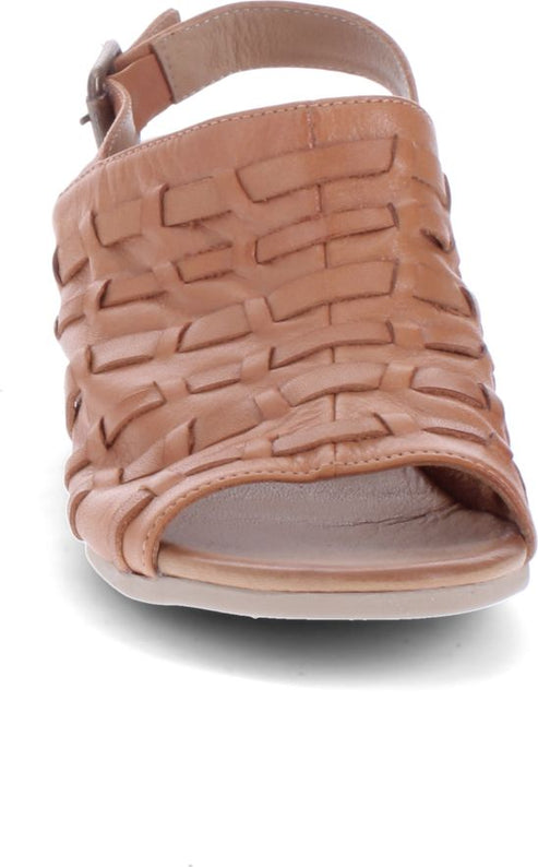 A tan leather sandal with a basket weave pattern on the front and a slingback strap.