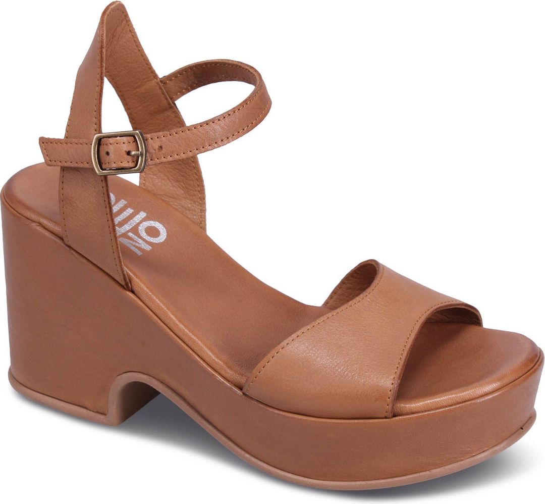 Platform wedge sandal in tan leather with ankle strap and buckle.